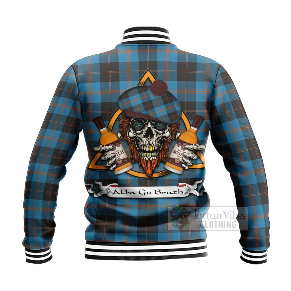 Tartan Vibes Clothing Horsburgh Tartan Baseball Jacket with Family Crest and Bearded Skull Holding Bottles of Whiskey