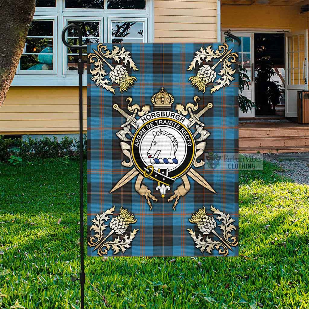 Tartan Vibes Clothing Horsburgh Tartan Flag with Family Crest and Golden Thistle Crossed Sword Design