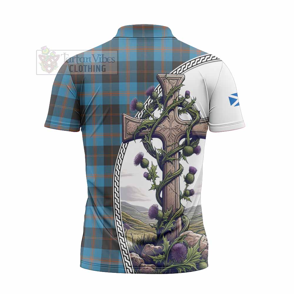 Tartan Vibes Clothing Horsburgh Tartan Zipper Polo Shirt with Family Crest and St. Andrew's Cross Accented by Thistle Vines