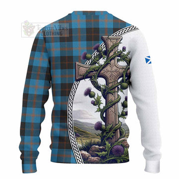 Horsburgh Tartan Knitted Sweater with Family Crest and St. Andrew's Cross Accented by Thistle Vines