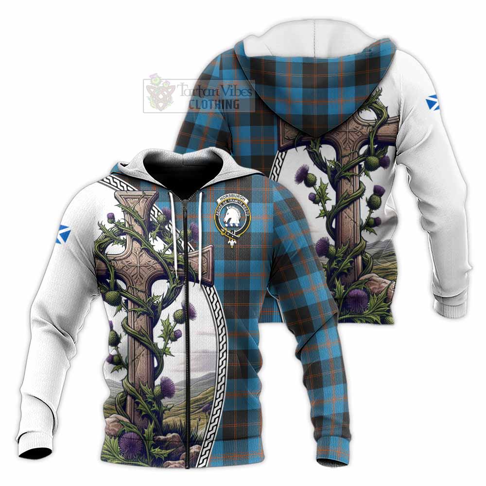 Tartan Vibes Clothing Horsburgh Tartan Knitted Hoodie with Family Crest and St. Andrew's Cross Accented by Thistle Vines