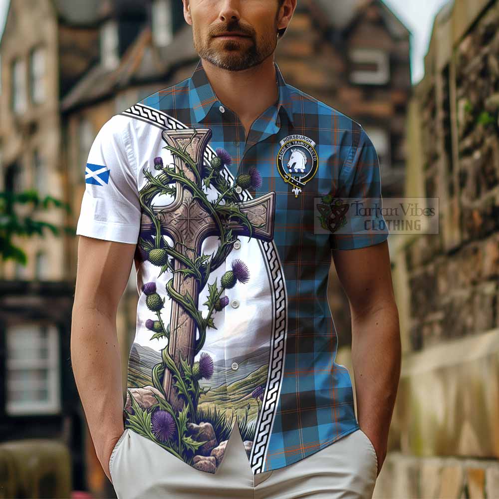 Tartan Vibes Clothing Horsburgh Tartan Short Sleeve Button Shirt with Family Crest and St. Andrew's Cross Accented by Thistle Vines