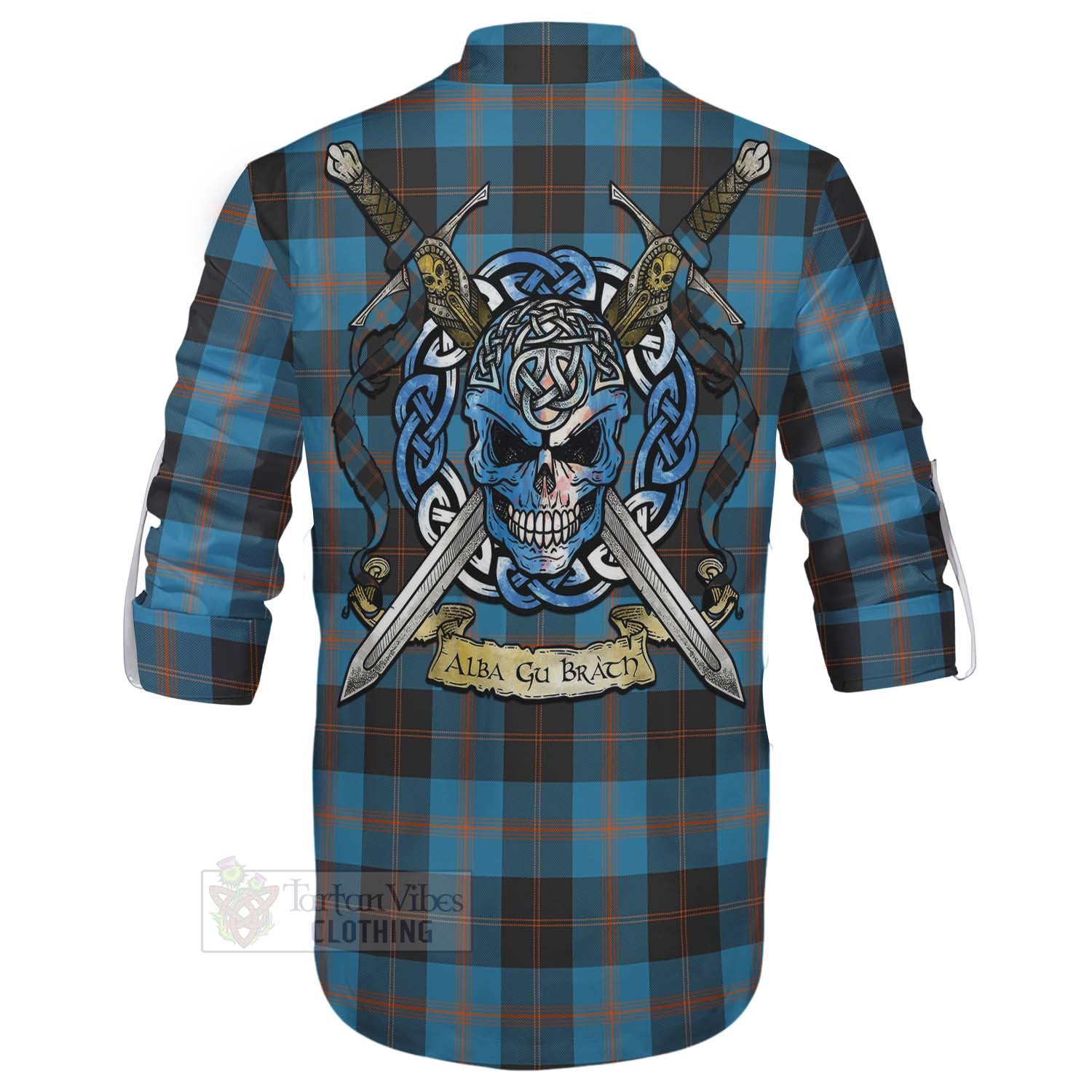 Tartan Vibes Clothing Horsburgh Tartan Ghillie Kilt Shirt with Family Crest Celtic Skull Style