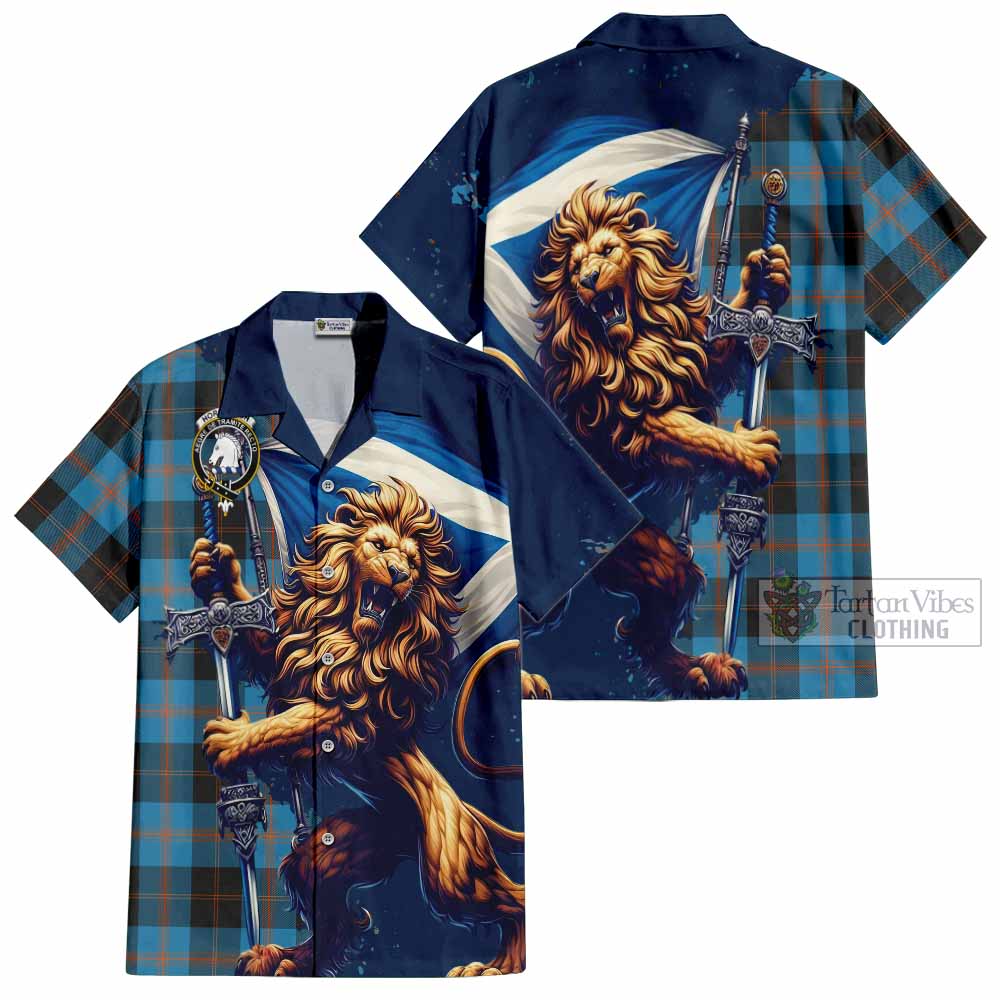 Tartan Vibes Clothing Horsburgh Tartan Family Crest Short Sleeve Button Shirt with Scottish Majestic Lion