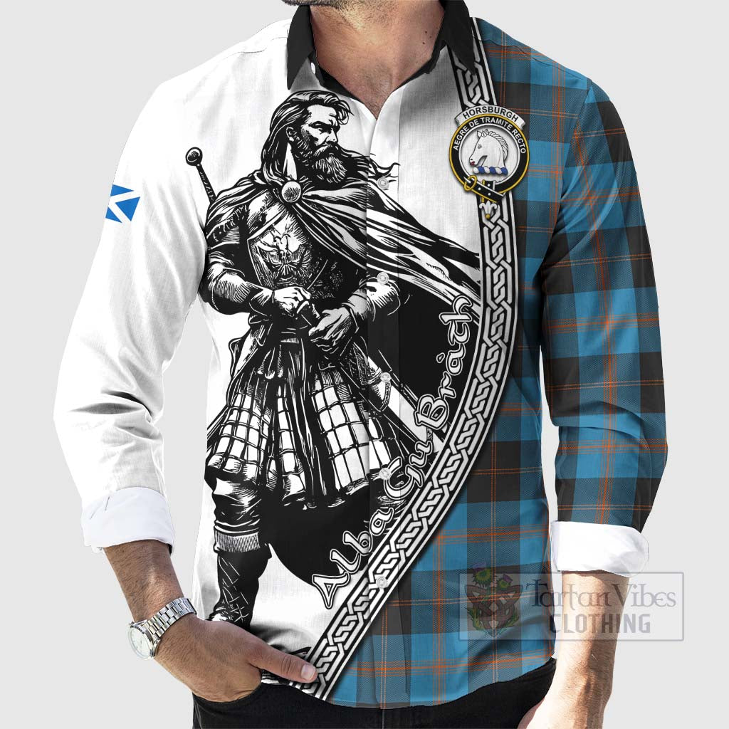 Tartan Vibes Clothing Horsburgh Tartan Clan Crest Long Sleeve Button Shirt with Highlander Warrior Celtic Style