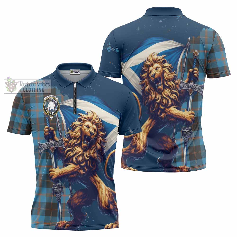 Tartan Vibes Clothing Horsburgh Tartan Family Crest Zipper Polo Shirt with Scottish Majestic Lion