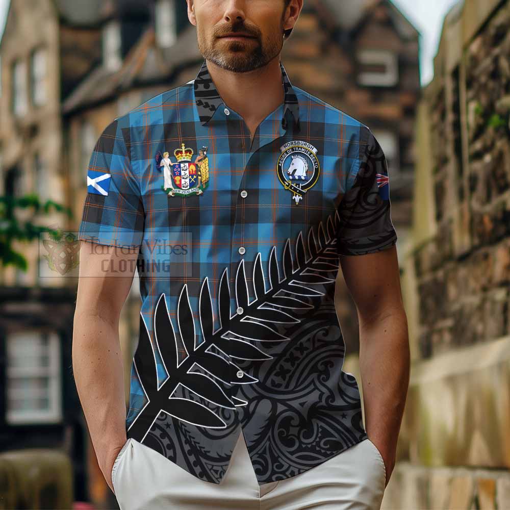 Tartan Vibes Clothing Horsburgh Crest Tartan Short Sleeve Button Shirt with New Zealand Silver Fern Half Style