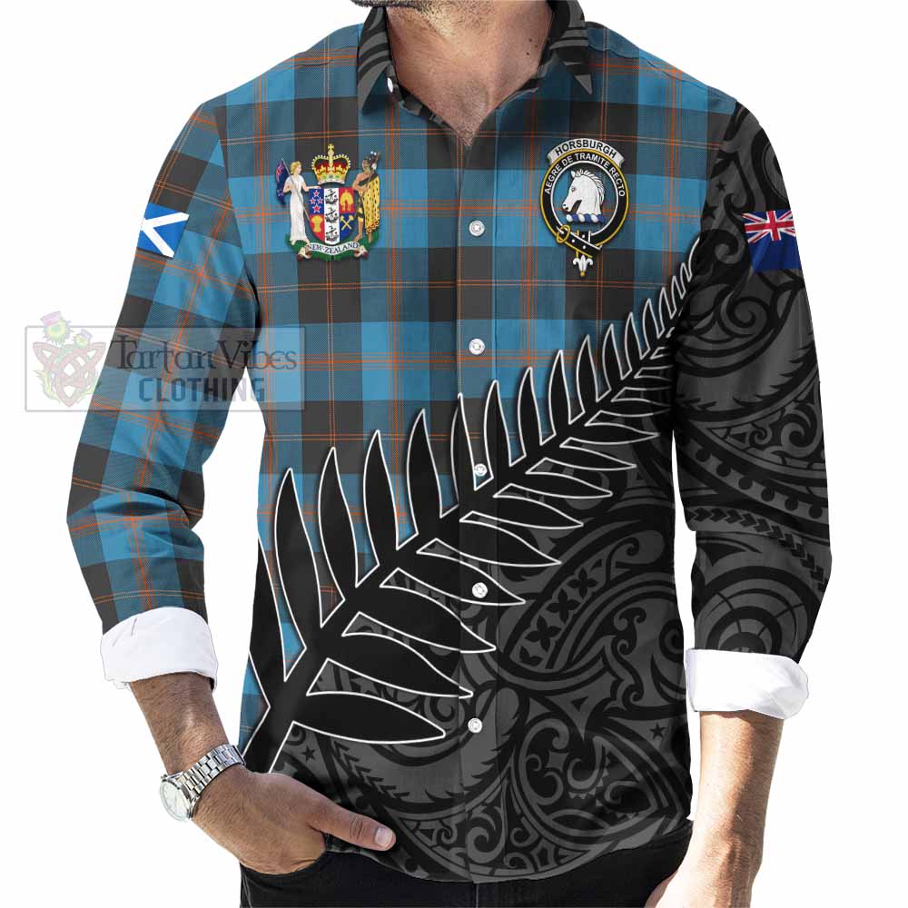 Tartan Vibes Clothing Horsburgh Crest Tartan Long Sleeve Button Shirt with New Zealand Silver Fern Half Style