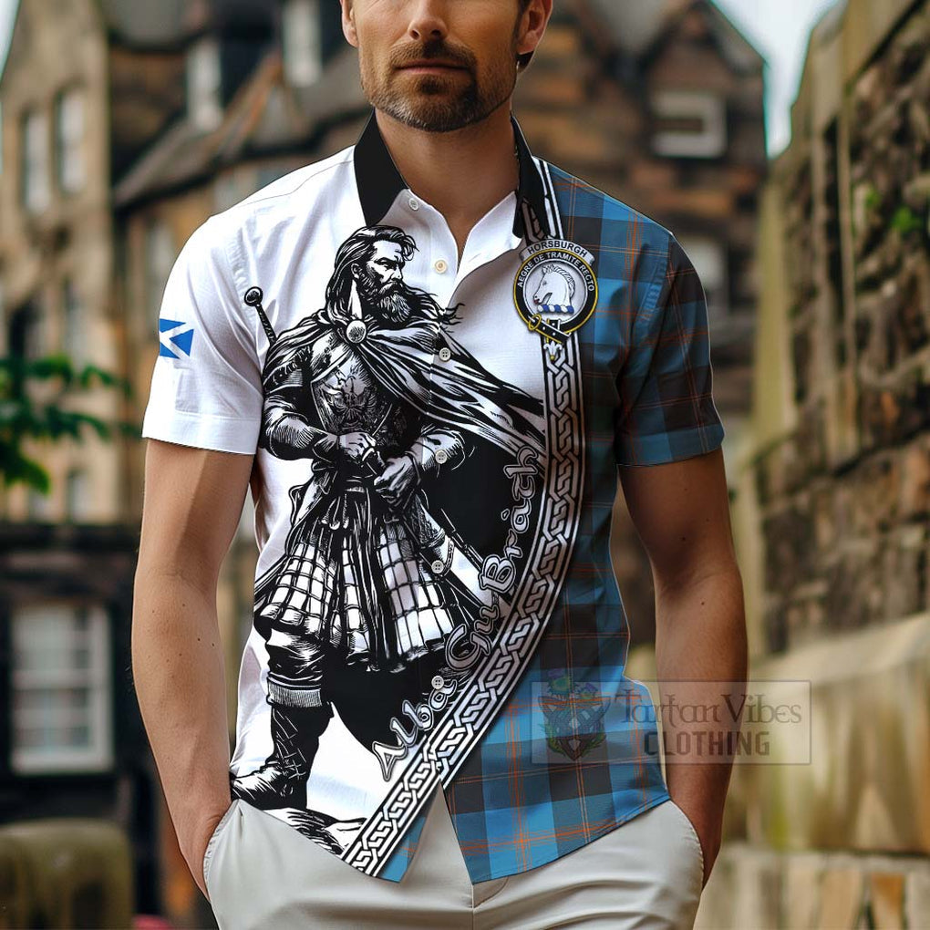 Tartan Vibes Clothing Horsburgh Tartan Clan Crest Short Sleeve Button Shirt with Highlander Warrior Celtic Style