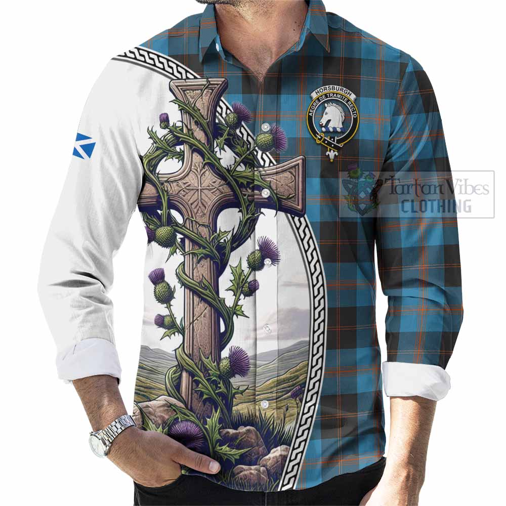 Tartan Vibes Clothing Horsburgh Tartan Long Sleeve Button Shirt with Family Crest and St. Andrew's Cross Accented by Thistle Vines