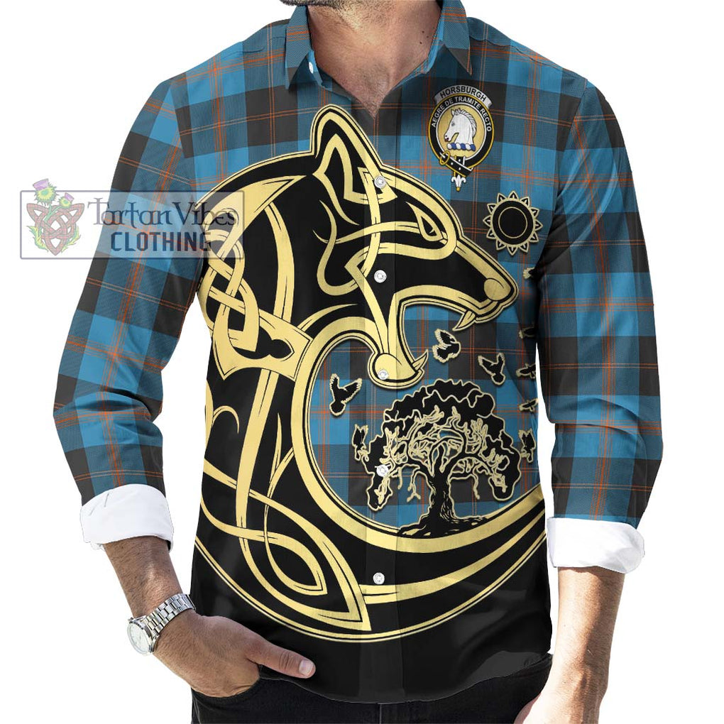 Horsburgh Tartan Long Sleeve Button Shirt with Family Crest Celtic Wolf Style - Tartan Vibes Clothing