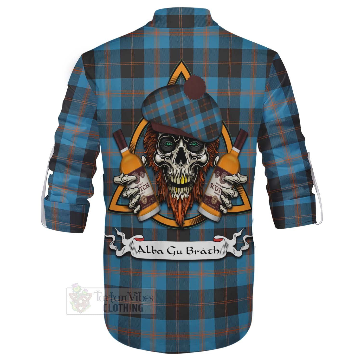 Tartan Vibes Clothing Horsburgh Tartan Ghillie Kilt Shirt with Family Crest and Bearded Skull Holding Bottles of Whiskey