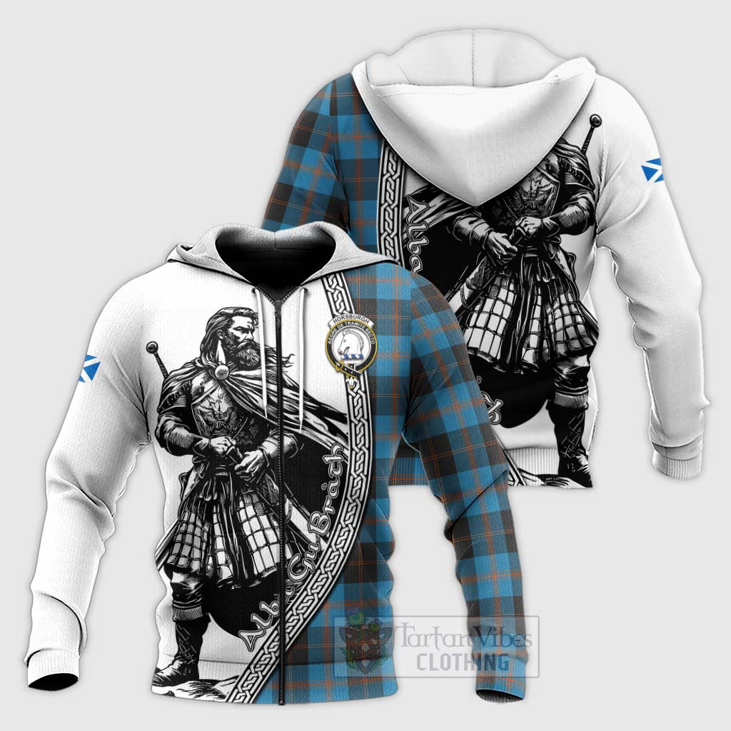 Tartan Vibes Clothing Horsburgh Tartan Clan Crest Knitted Hoodie with Highlander Warrior Celtic Style