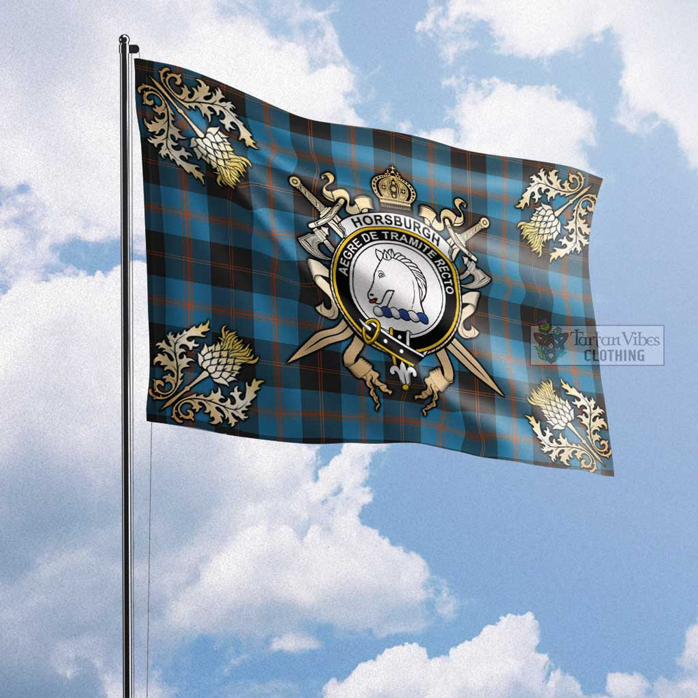 Tartan Vibes Clothing Horsburgh Tartan Flag with Family Crest and Golden Thistle Crossed Sword Design