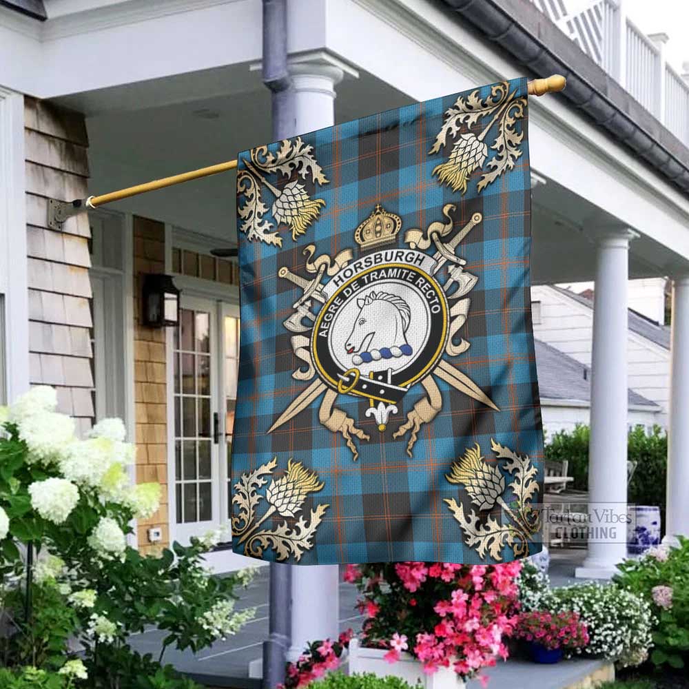 Tartan Vibes Clothing Horsburgh Tartan Flag with Family Crest and Golden Thistle Crossed Sword Design