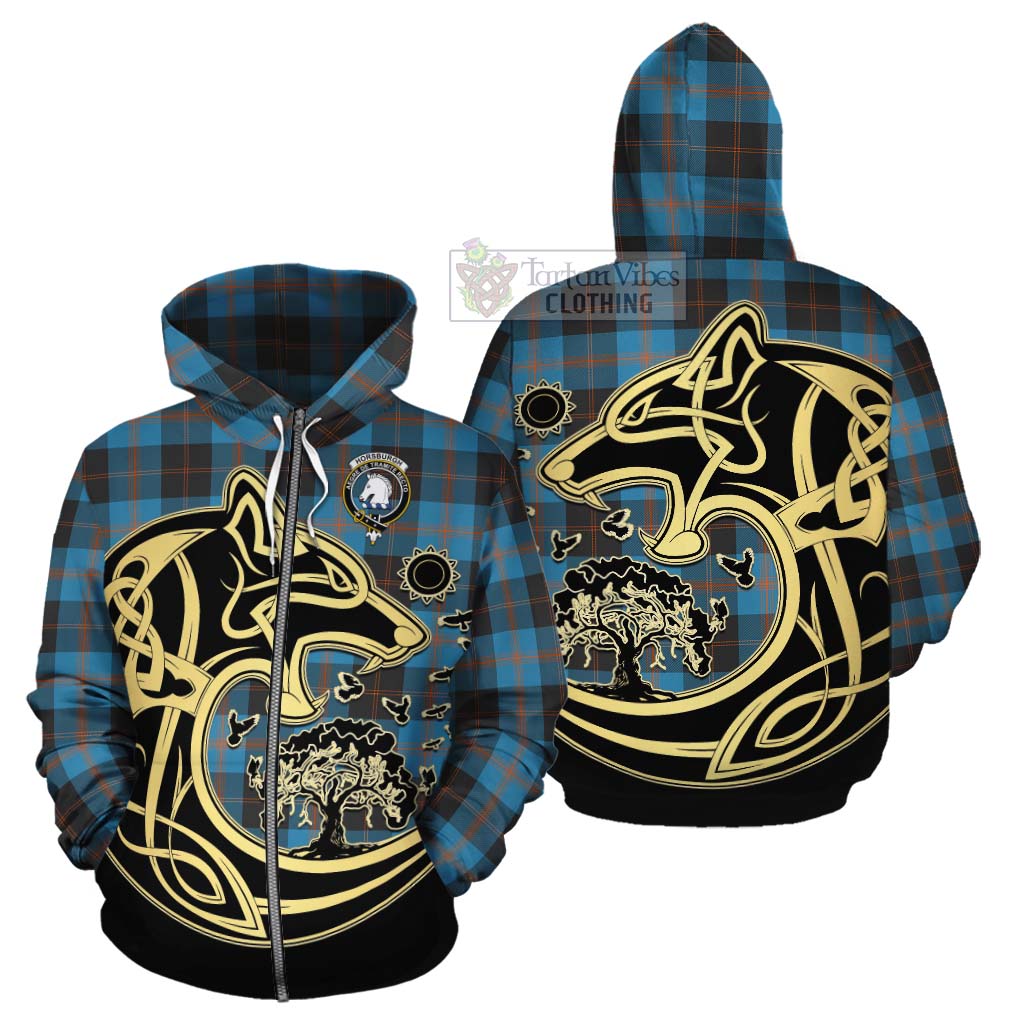 Tartan Vibes Clothing Horsburgh Tartan Cotton Hoodie with Family Crest Celtic Wolf Style