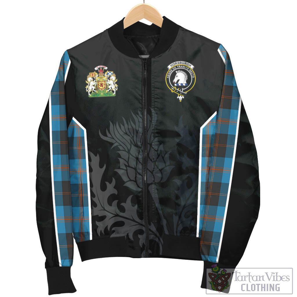 Tartan Vibes Clothing Horsburgh Tartan Bomber Jacket with Family Crest and Scottish Thistle Vibes Sport Style