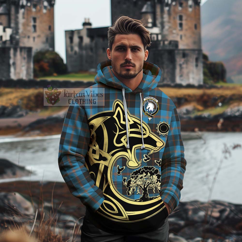 Tartan Vibes Clothing Horsburgh Tartan Cotton Hoodie with Family Crest Celtic Wolf Style