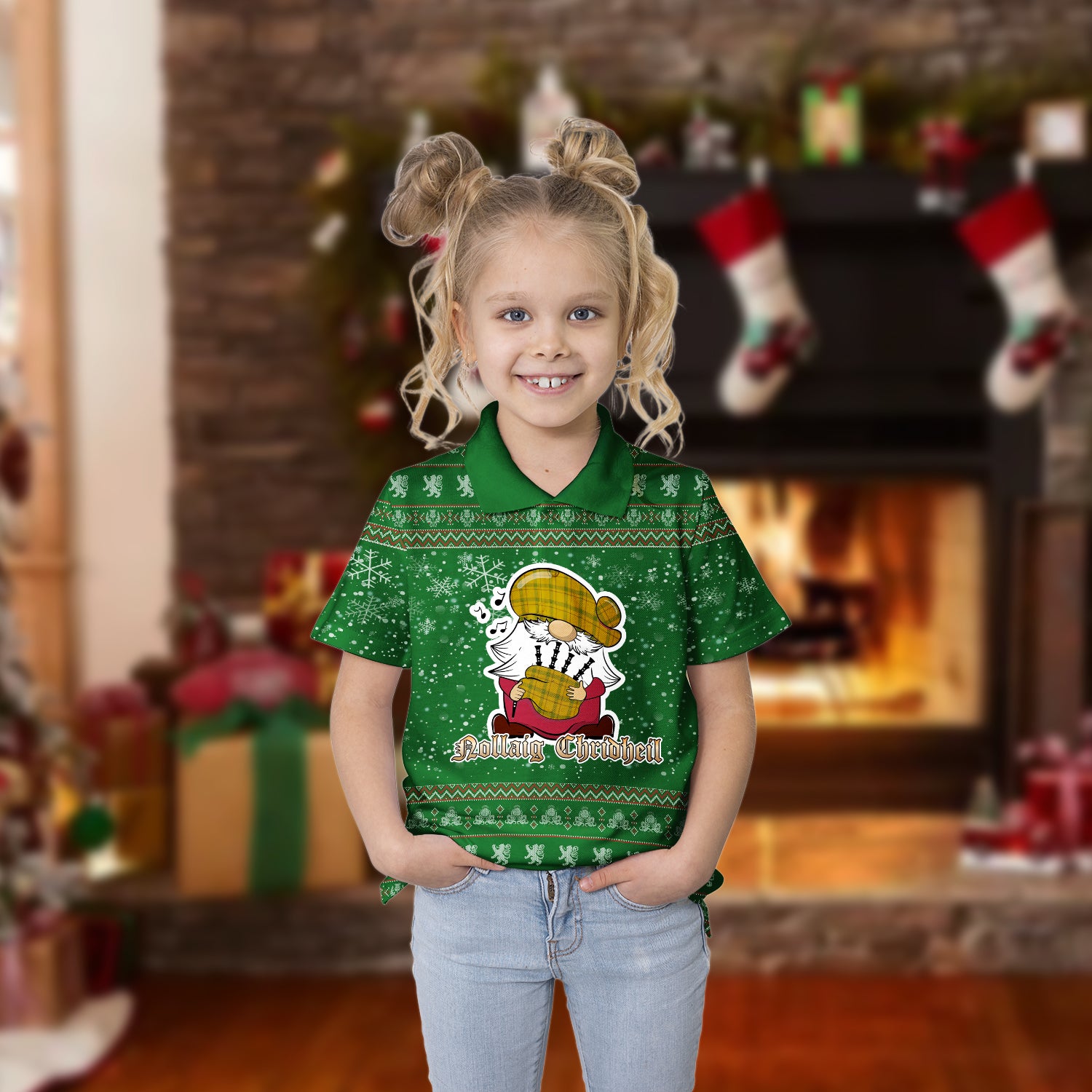 Houston Clan Christmas Family Polo Shirt with Funny Gnome Playing Bagpipes Kid's Polo Shirt Green - Tartanvibesclothing