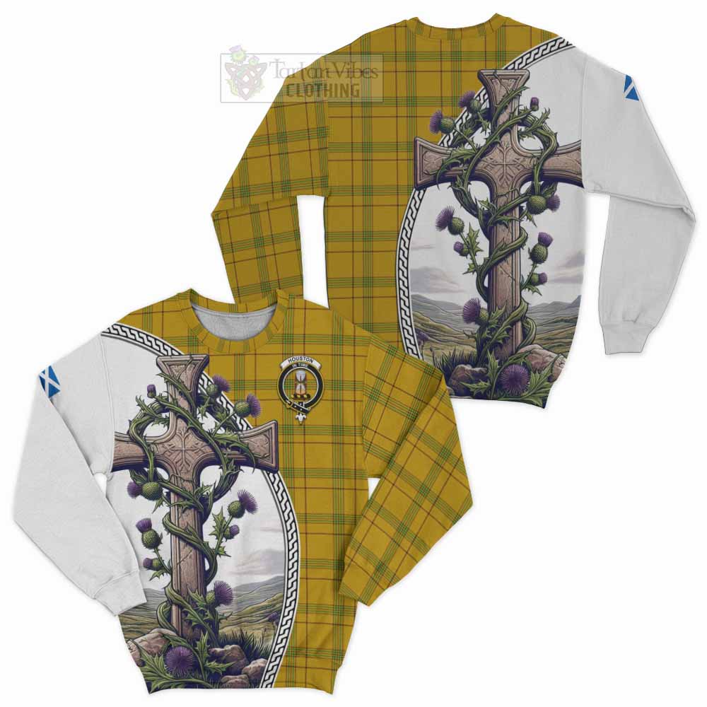 Tartan Vibes Clothing Houston Tartan Sweatshirt with Family Crest and St. Andrew's Cross Accented by Thistle Vines