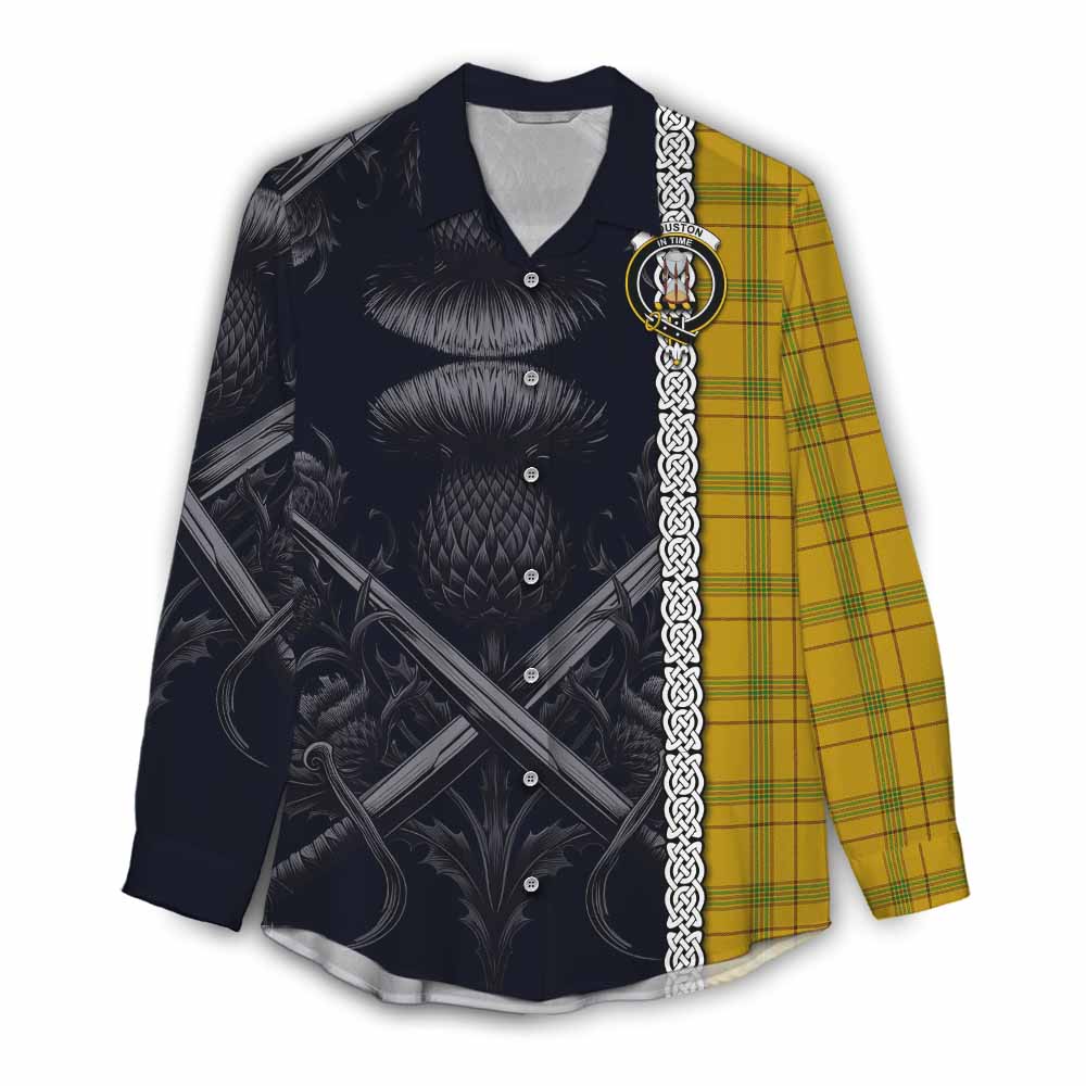 Tartan Vibes Clothing Houston Tartan Women's Casual Shirt with Family Crest Cross Sword Thistle Celtic Vibes