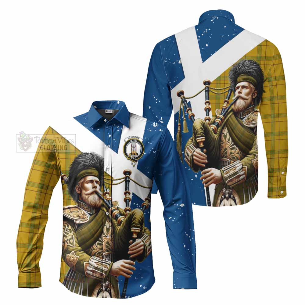 Tartan Vibes Clothing Houston Tartan Long Sleeve Button Shirt with Family Crest Scottish Bagpiper Vibes