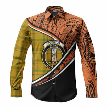 Houston Crest Tartan Long Sleeve Button Shirt with Polynesian Vibes Style - Orange Version