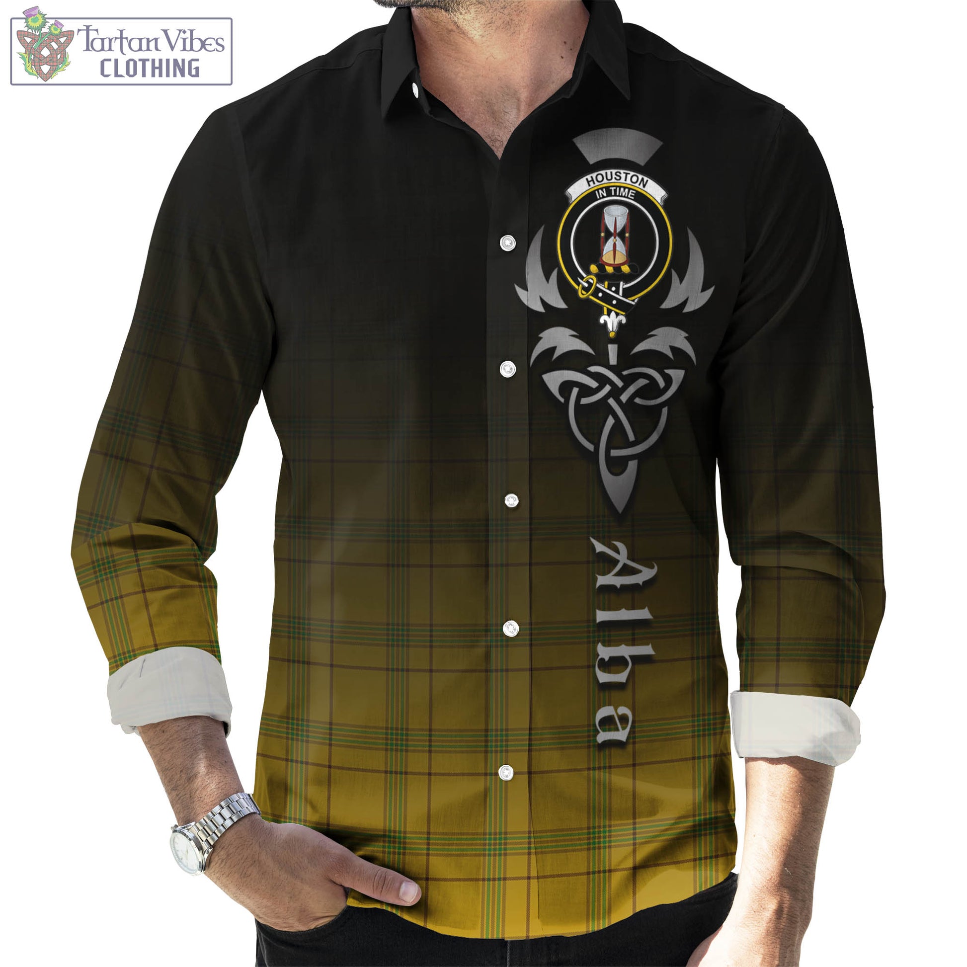 Tartan Vibes Clothing Houston Tartan Long Sleeve Button Up Featuring Alba Gu Brath Family Crest Celtic Inspired