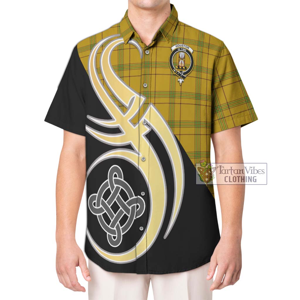 Tartan Vibes Clothing Houston Tartan Short Sleeve Button Shirt with Family Crest and Celtic Symbol Style