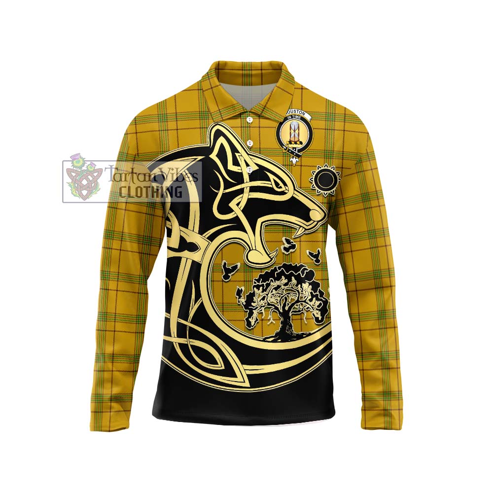 Houston Tartan Long Sleeve Polo Shirt with Family Crest Celtic Wolf Style Unisex - Tartanvibesclothing Shop