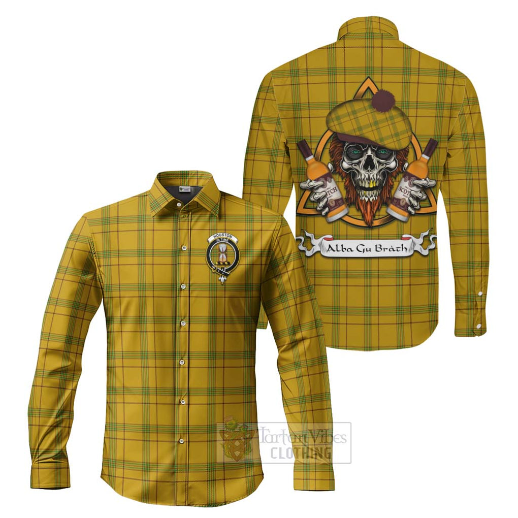 Tartan Vibes Clothing Houston Tartan Long Sleeve Button Shirt with Family Crest and Bearded Skull Holding Bottles of Whiskey