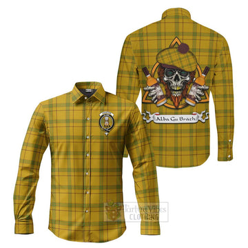 Houston Tartan Long Sleeve Button Shirt with Family Crest and Bearded Skull Holding Bottles of Whiskey