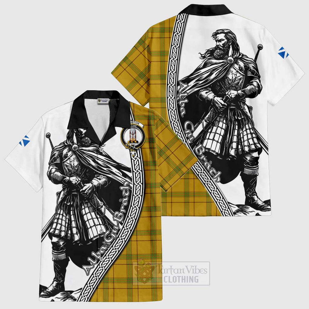 Tartan Vibes Clothing Houston Tartan Clan Crest Short Sleeve Button Shirt with Highlander Warrior Celtic Style