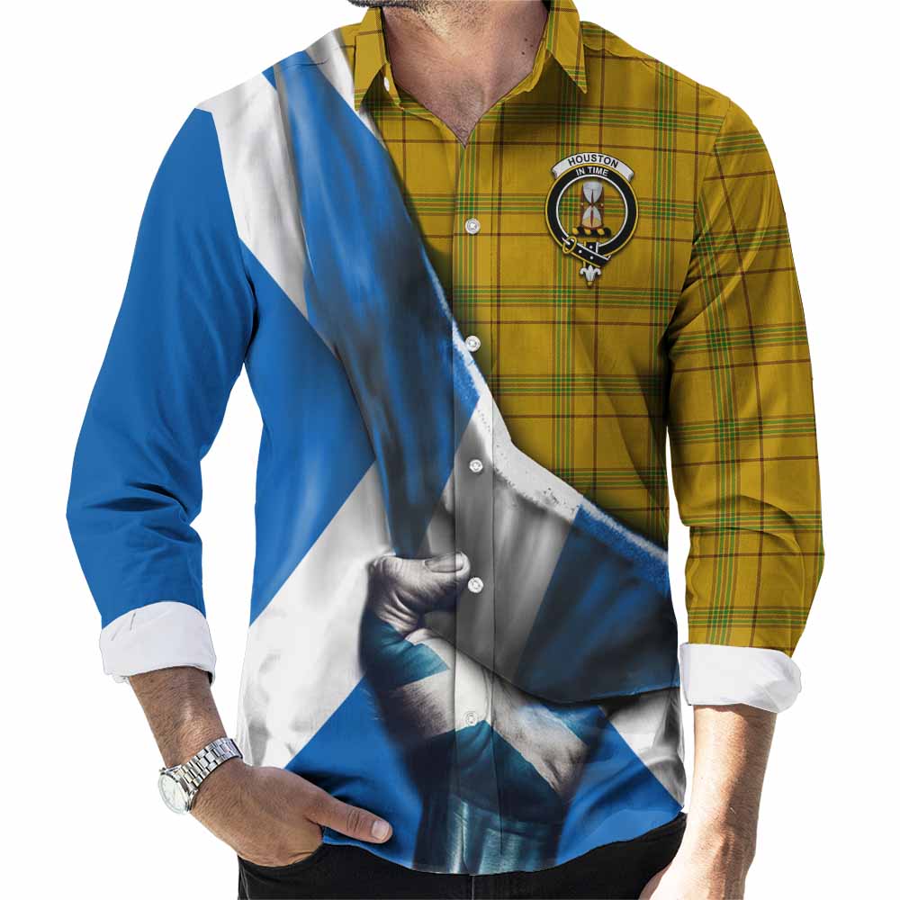 Tartan Vibes Clothing Houston Tartan Long Sleeve Button Shirt with Family Crest Scotland Patriotic Style