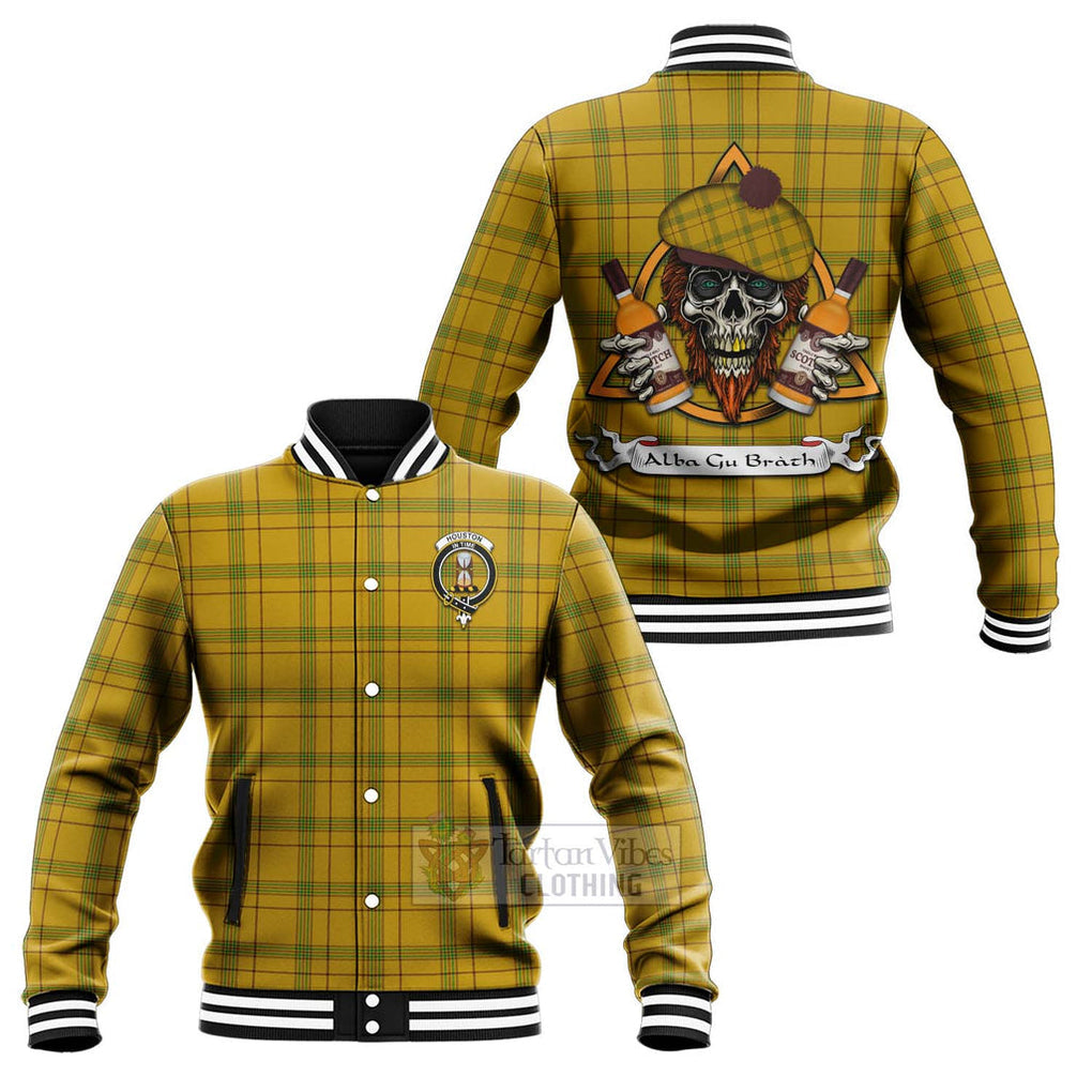 Tartan Vibes Clothing Houston Tartan Baseball Jacket with Family Crest and Bearded Skull Holding Bottles of Whiskey