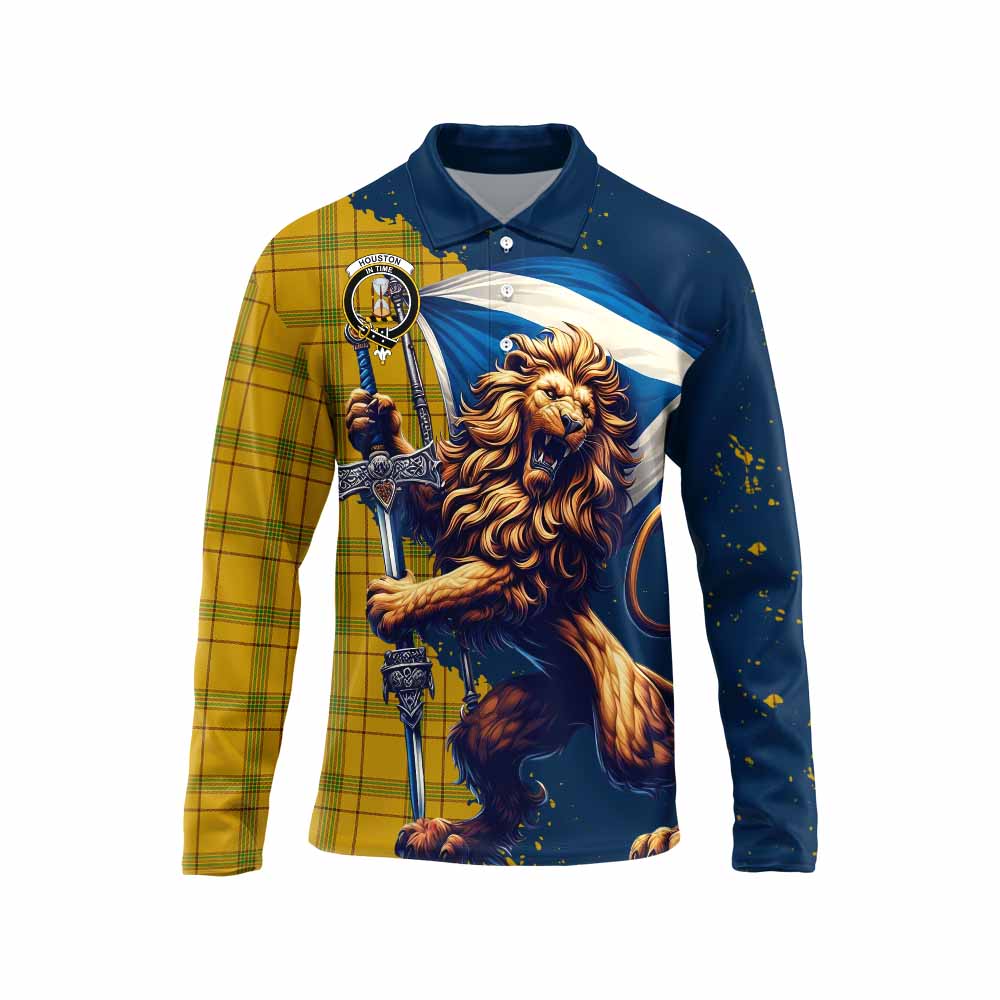 Tartan Vibes Clothing Houston Tartan Family Crest Long Sleeve Polo Shirt with Scottish Majestic Lion