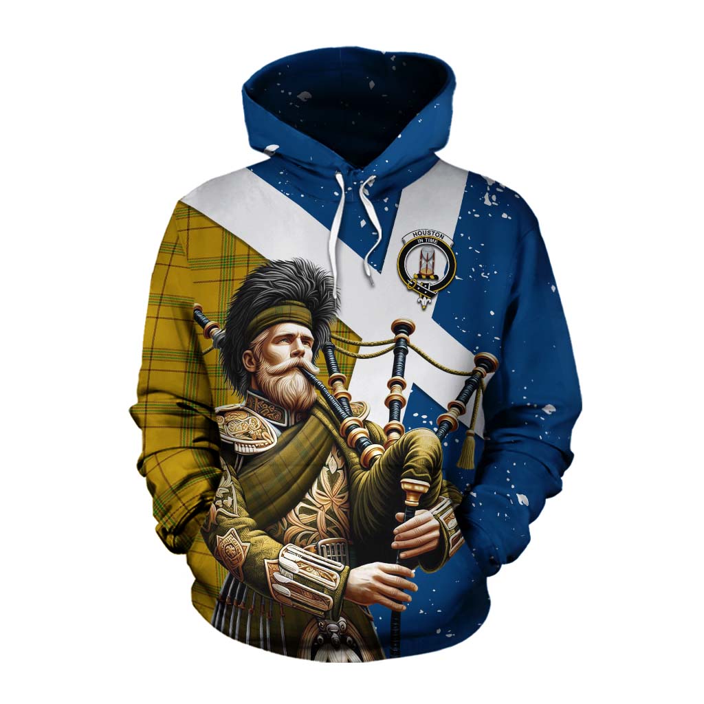 Tartan Vibes Clothing Houston Tartan Cotton Hoodie with Family Crest Scottish Bagpiper Vibes