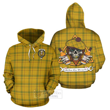 Houston Tartan Hoodie with Family Crest and Bearded Skull Holding Bottles of Whiskey