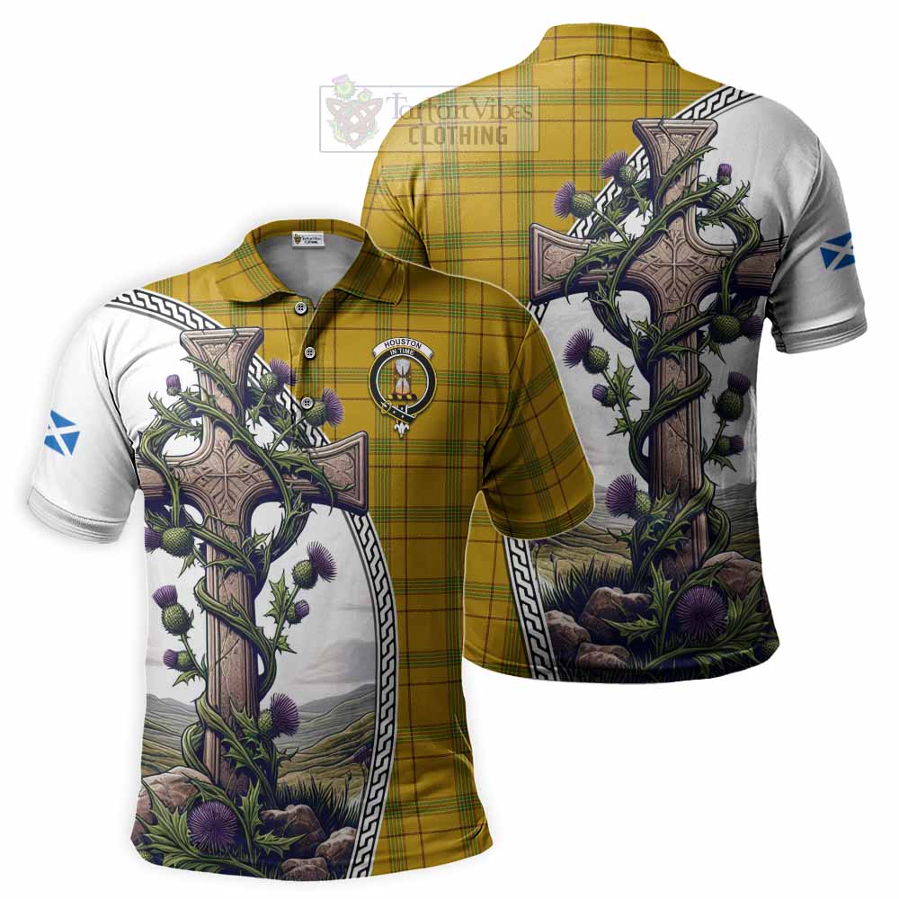 Tartan Vibes Clothing Houston Tartan Polo Shirt with Family Crest and St. Andrew's Cross Accented by Thistle Vines