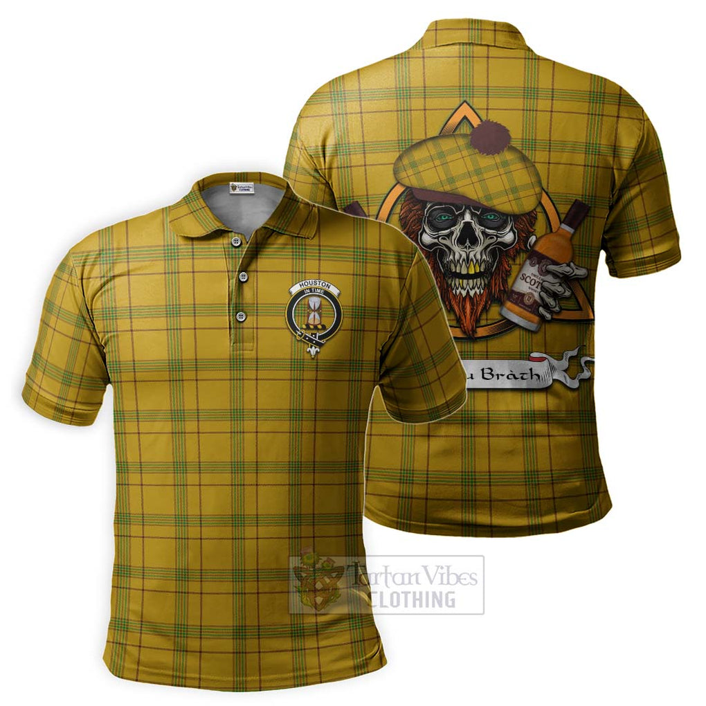 Tartan Vibes Clothing Houston Tartan Polo Shirt with Family Crest and Bearded Skull Holding Bottles of Whiskey