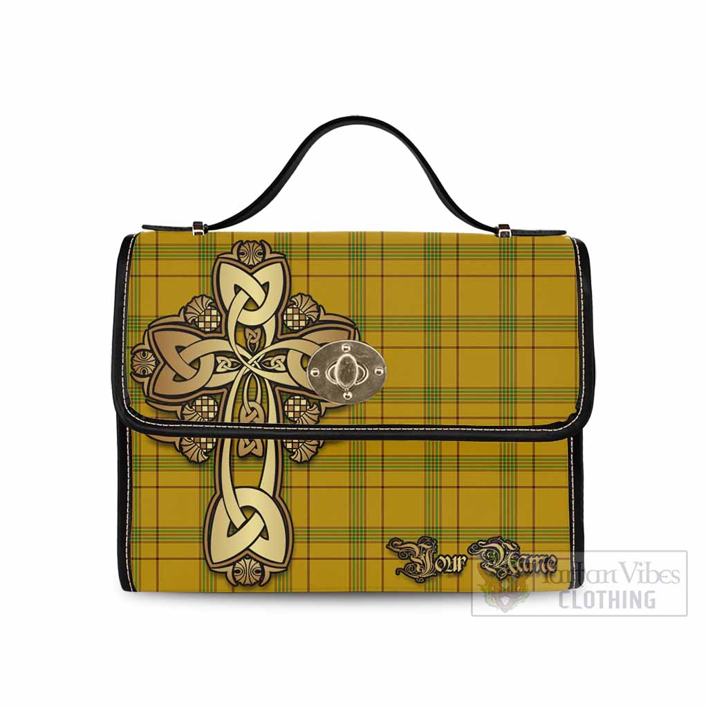 Tartan Vibes Clothing Houston Tartan Waterproof Canvas Bag Golden Thistle Celtic Cross Style