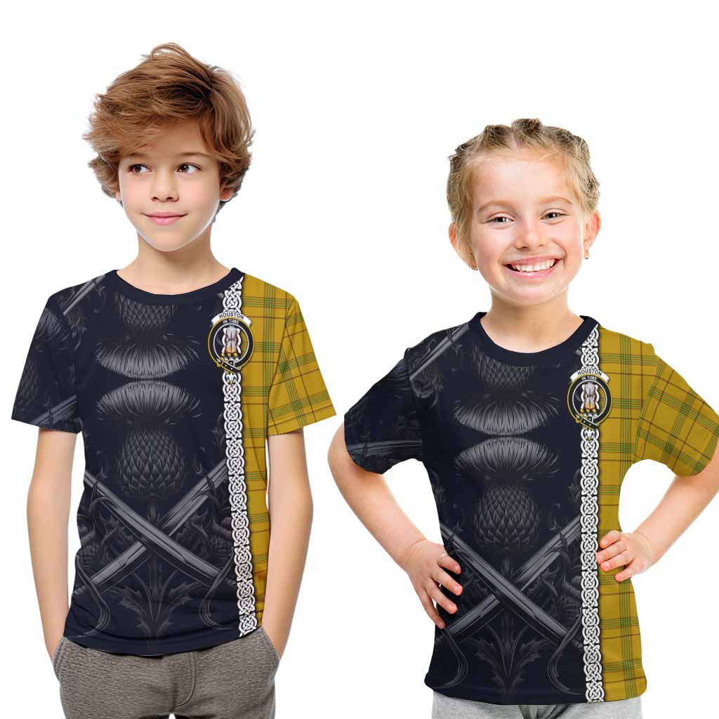 Tartan Vibes Clothing Houston Tartan Kid T-Shirt with Family Crest Cross Sword Thistle Celtic Vibes