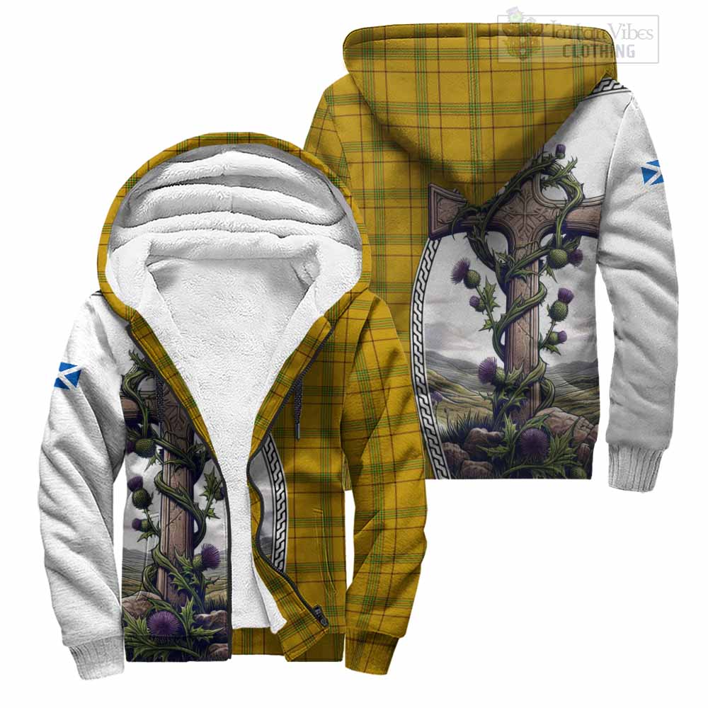 Tartan Vibes Clothing Houston Tartan Sherpa Hoodie with Family Crest and St. Andrew's Cross Accented by Thistle Vines