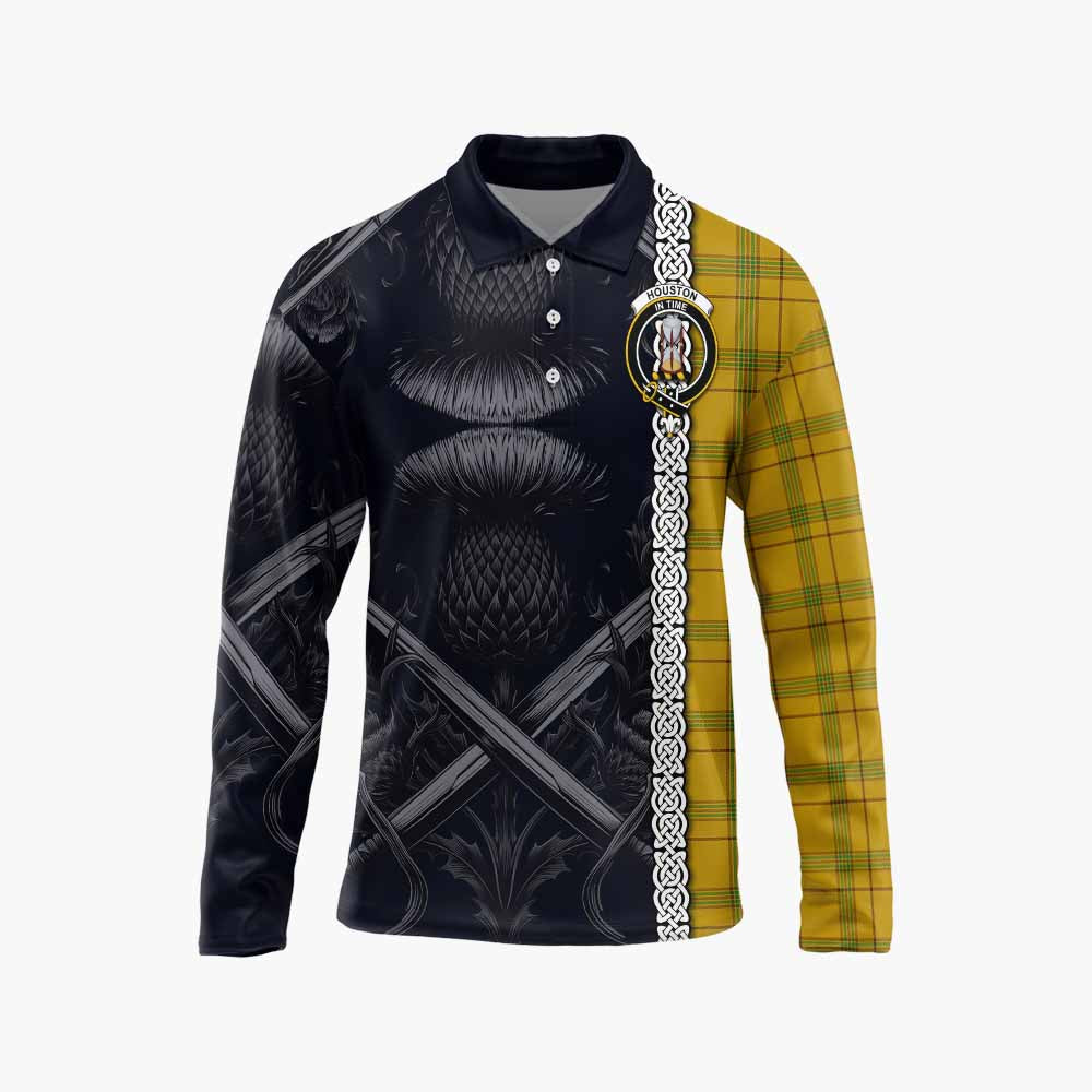 Tartan Vibes Clothing Houston Tartan Long Sleeve Polo Shirt with Family Crest Cross Sword Thistle Celtic Vibes