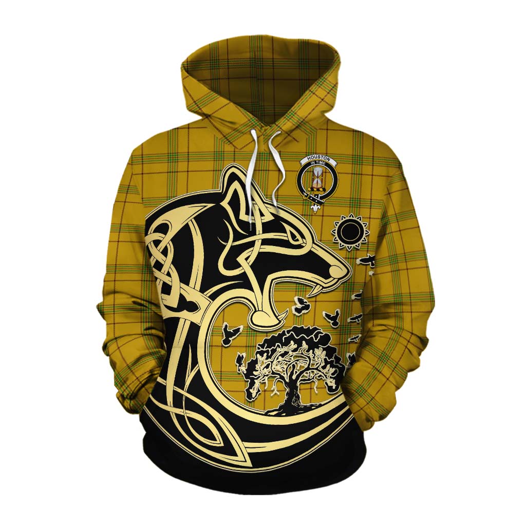 Tartan Vibes Clothing Houston Tartan Cotton Hoodie with Family Crest Celtic Wolf Style