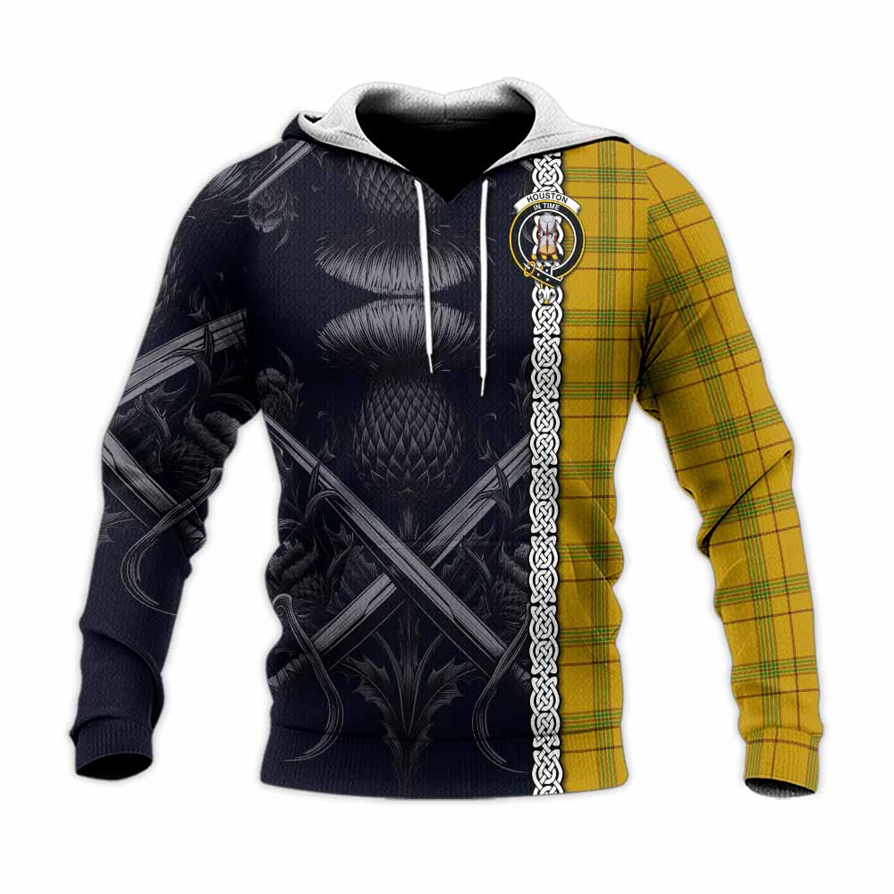 Tartan Vibes Clothing Houston Tartan Knitted Hoodie with Family Crest Cross Sword Thistle Celtic Vibes