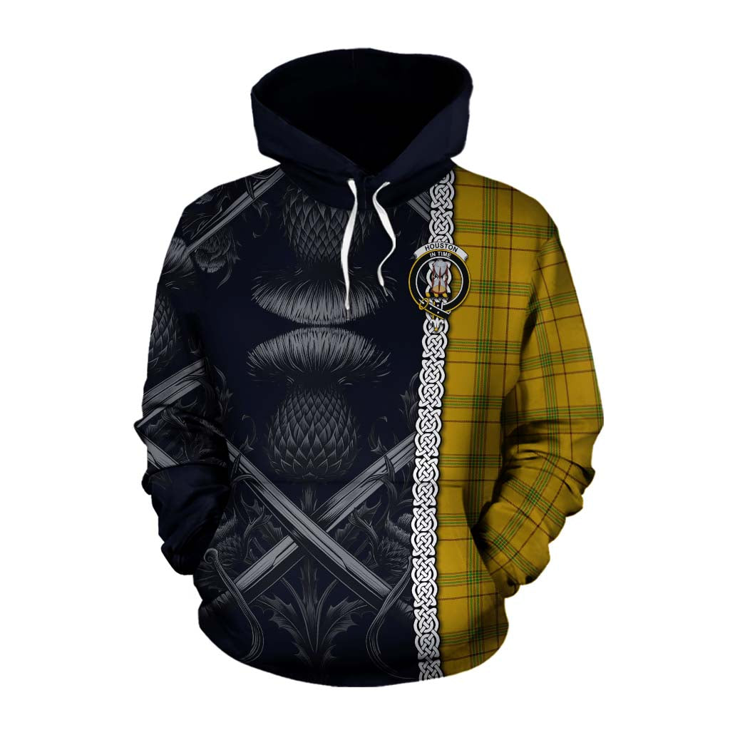 Tartan Vibes Clothing Houston Tartan Cotton Hoodie with Family Crest Cross Sword Thistle Celtic Vibes