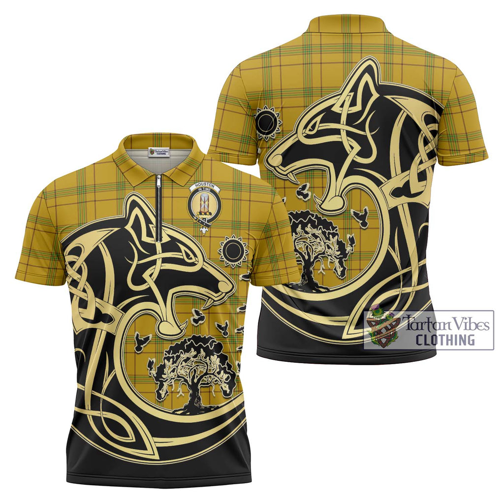 Houston Tartan Zipper Polo Shirt with Family Crest Celtic Wolf Style Unisex - Tartanvibesclothing Shop