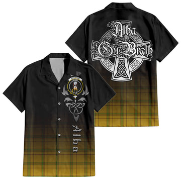 Houston Tartan Short Sleeve Button Up Shirt Featuring Alba Gu Brath Family Crest Celtic Inspired