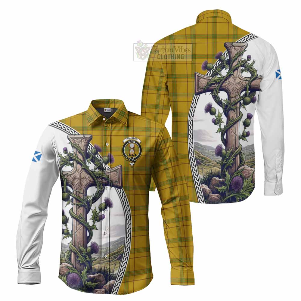 Tartan Vibes Clothing Houston Tartan Long Sleeve Button Shirt with Family Crest and St. Andrew's Cross Accented by Thistle Vines